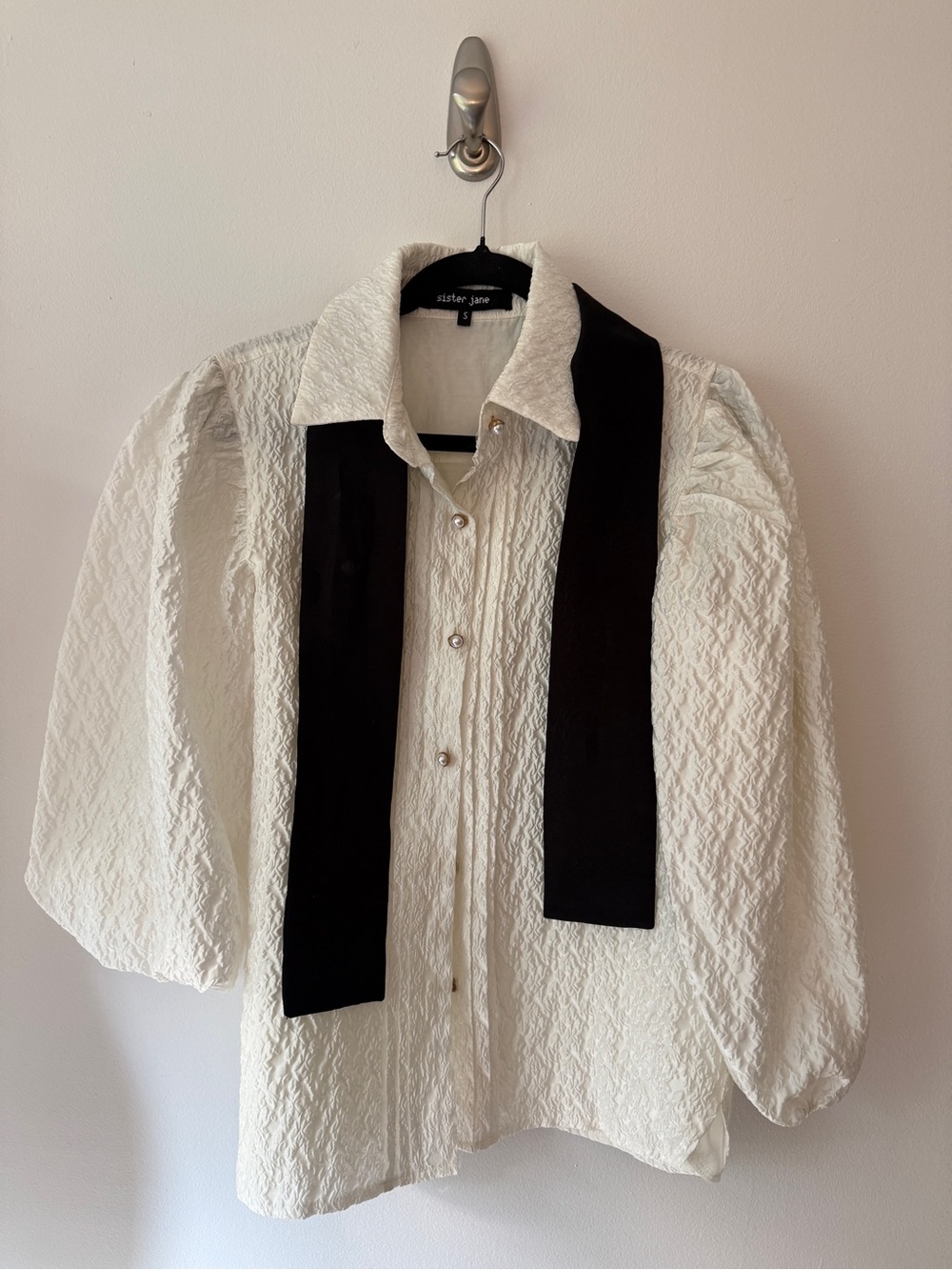 Sister Jane White Textured Puff-Sleeve Top with Black Neck Tie
